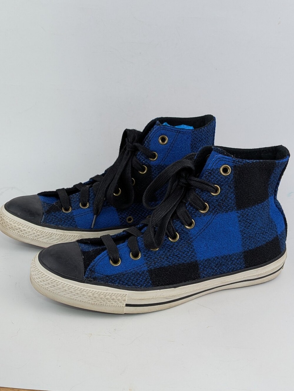 Converse Blue Black Plaid Textile High Top Sneakers Men's 8 Women's 10